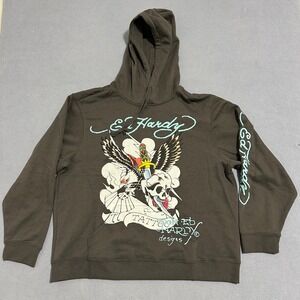 Ed Hardy Tattoo Graphic Hoodie Eagle Skull Long Sleeves Gray Mens Size XXL